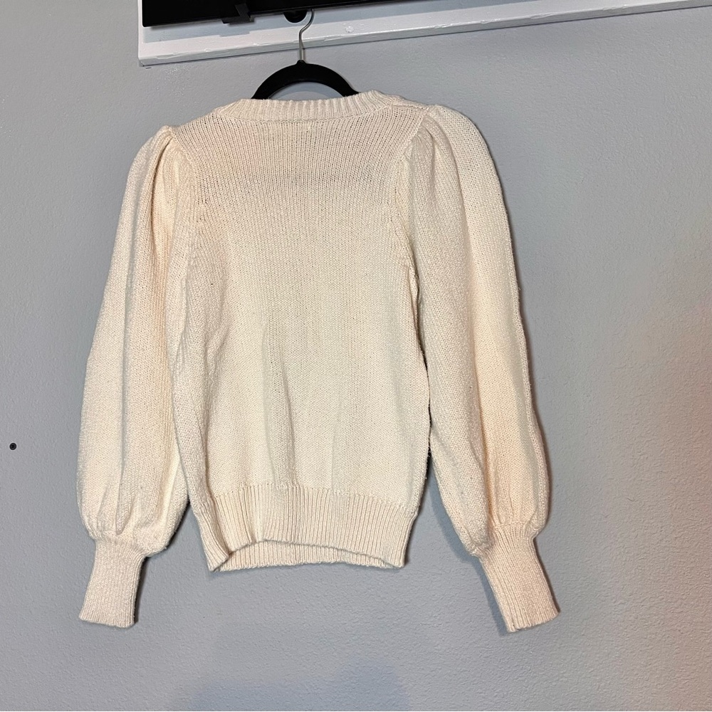 525 Sweater Pullover Crewneck Puff Sleeves Cream Ivory Beige Cotton Size Small - Picture 2 of 7